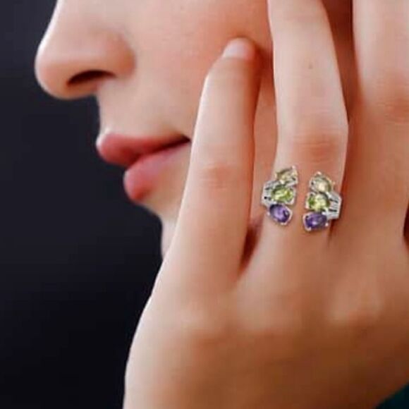 African Amethyst, Peridot, Brazilian Citrine Open Band Ring Size 9 - Picture 4 of 14